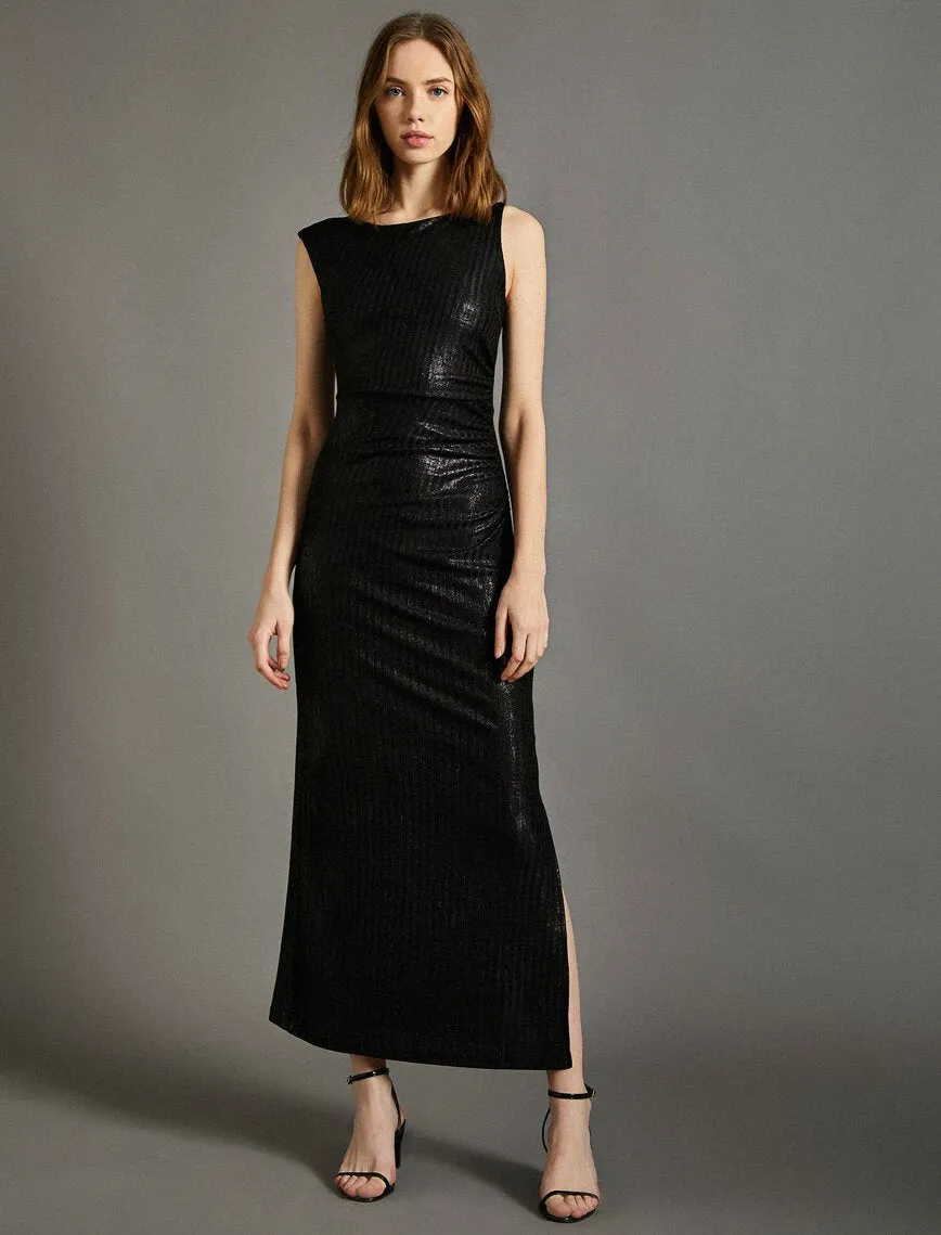 15135 Black Draped Shimmer Slit Dress