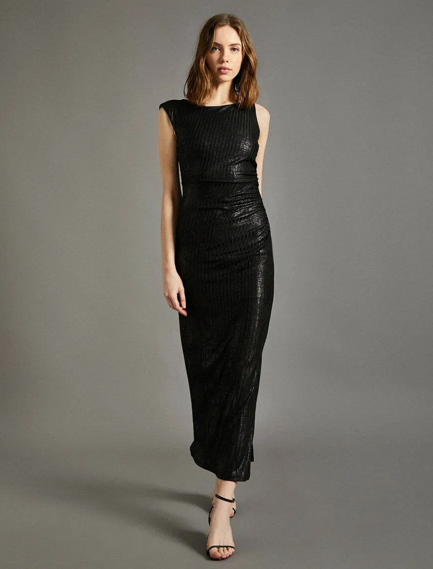 15135 Black Draped Shimmer Slit Dress