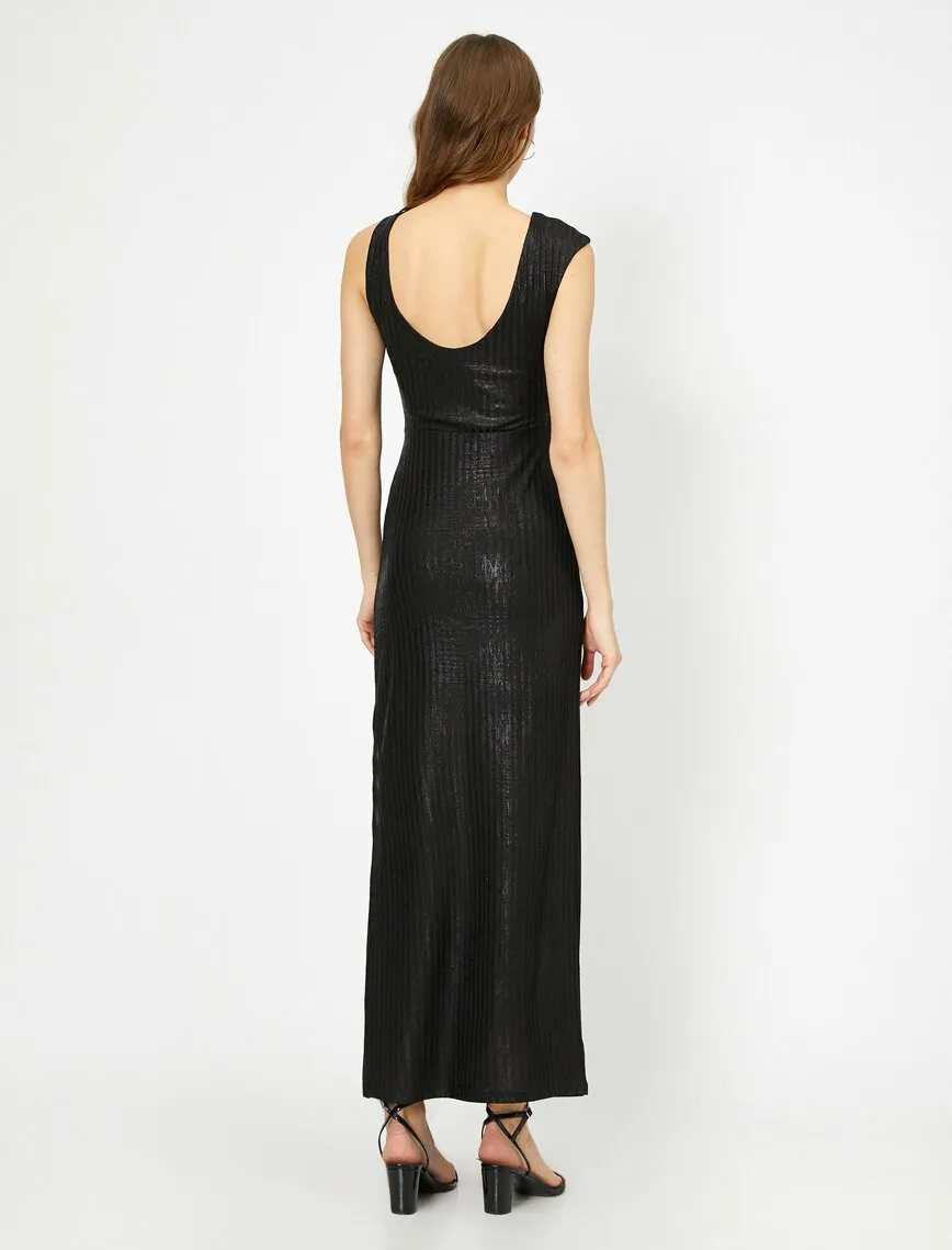 15135 Black Draped Shimmer Slit Dress