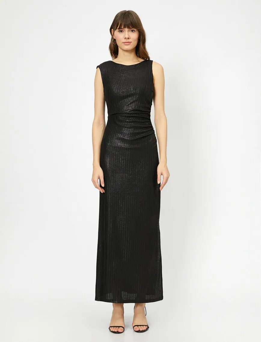 15135 Black Draped Shimmer Slit Dress