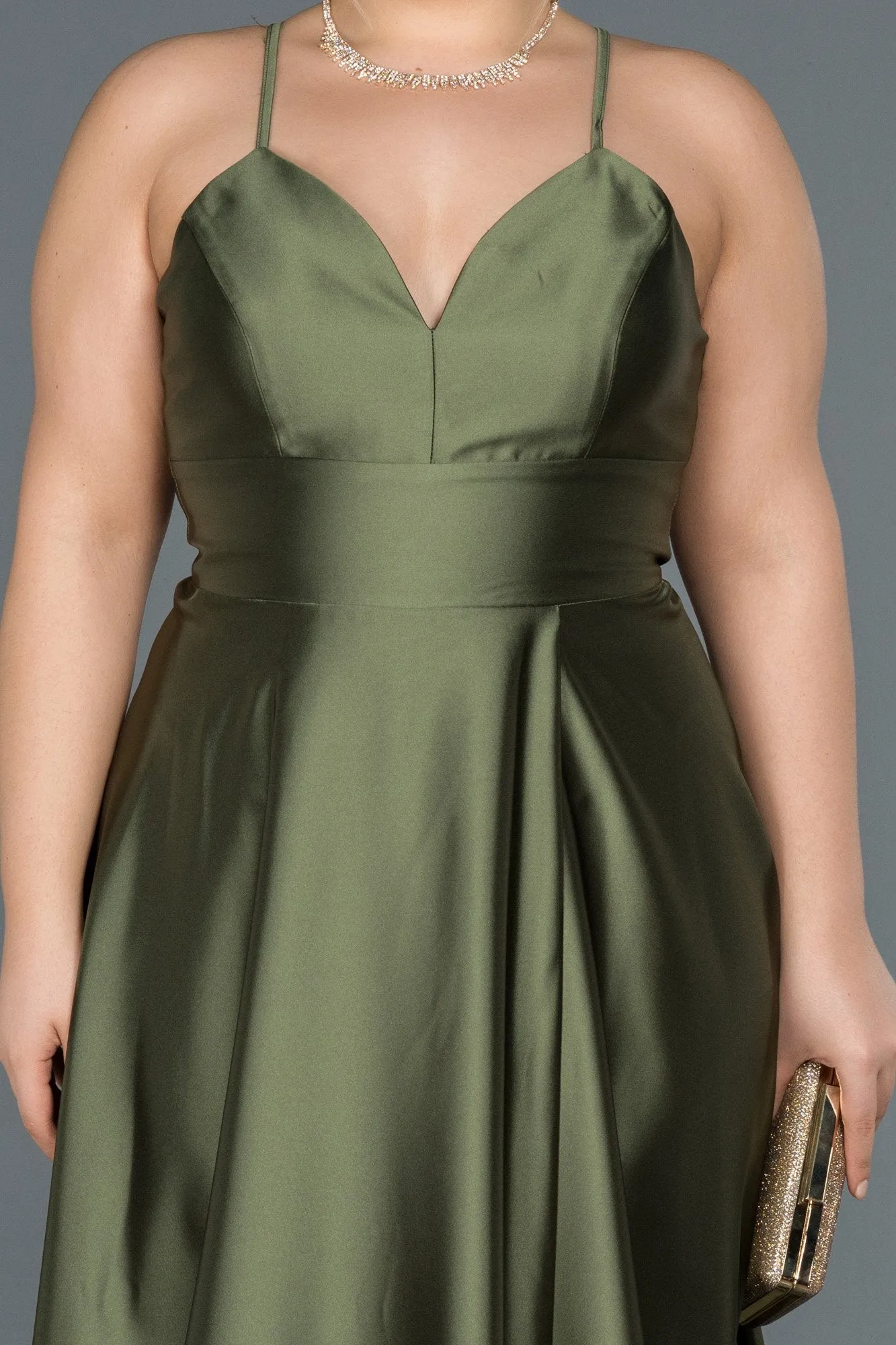 16568 Olive Green Cross Strap Satin Dress