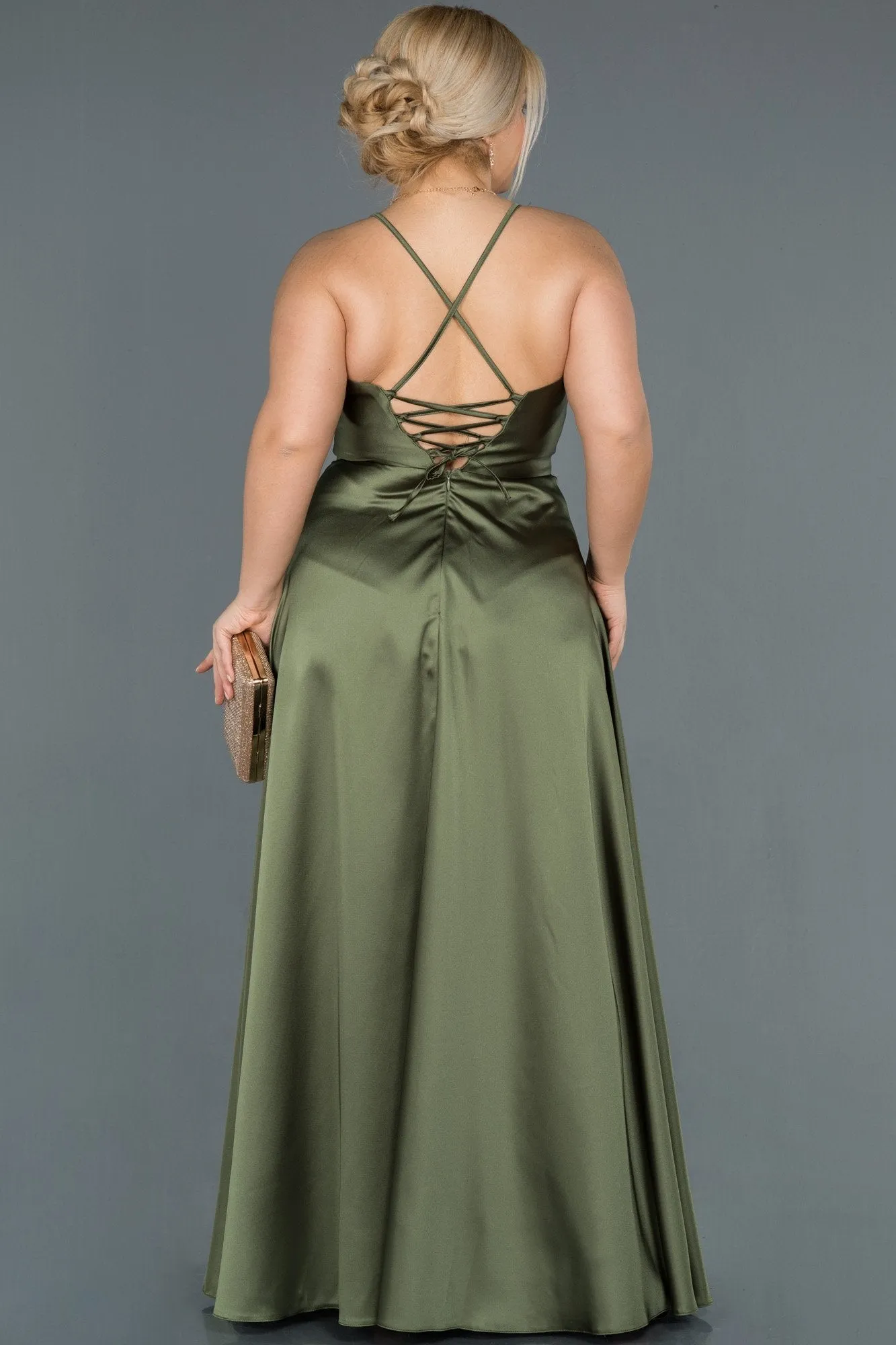 16568 Olive Green Cross Strap Satin Dress