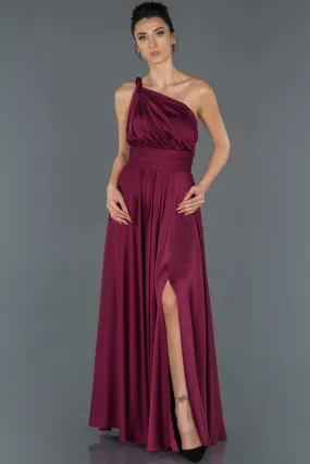 17011 Plum One Shoulder Draped Slit Satin Dress