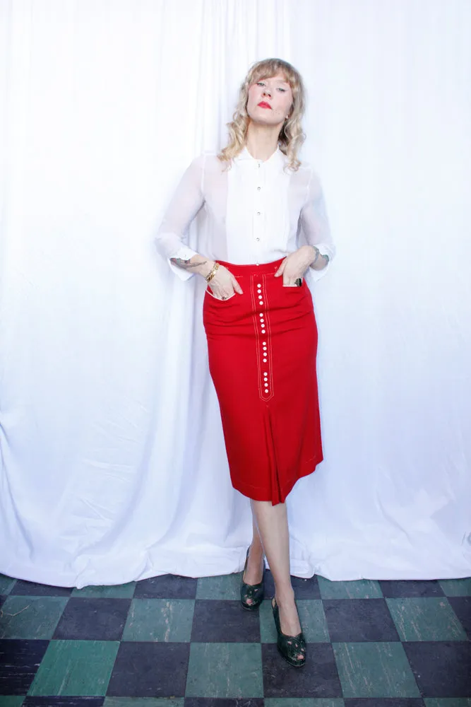 1950s Red Linen Bombshell Pencil Skirt - Xs