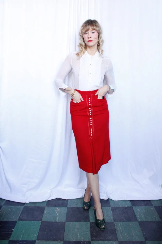 1950s Red Linen Bombshell Pencil Skirt - Xs