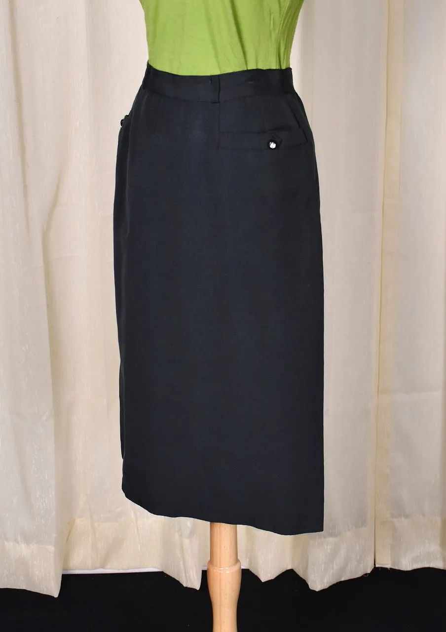 1950s Vintage Black Rhinestone Button Pencil Skirt