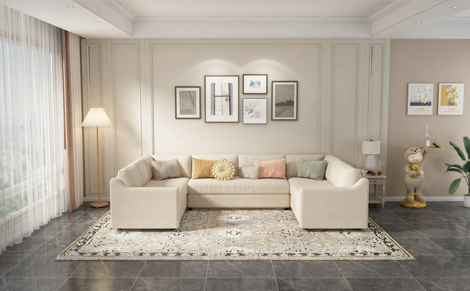 3 Pieces Upholstered U-Shaped Large Sectional Sofa with Thick Seat and Back cushions