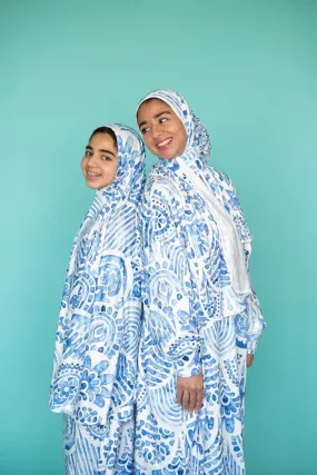 Adult Blue/White Prayer Outfit With a Wrap Around Head Scarf ONE PIECE