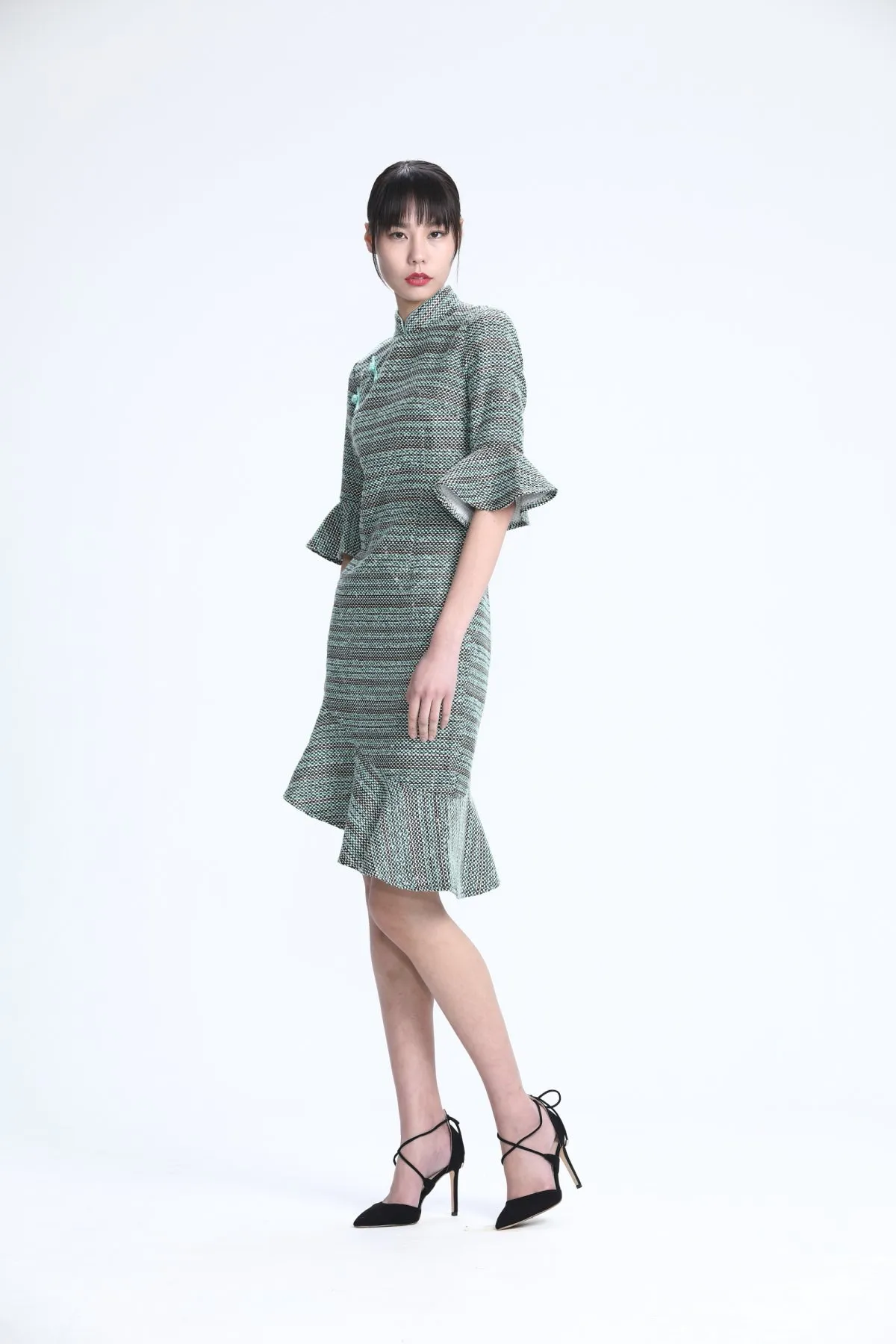 Aqua Fancy Tweed Quarter Sleeves Qipao with Asymmetric Mermaid Hem