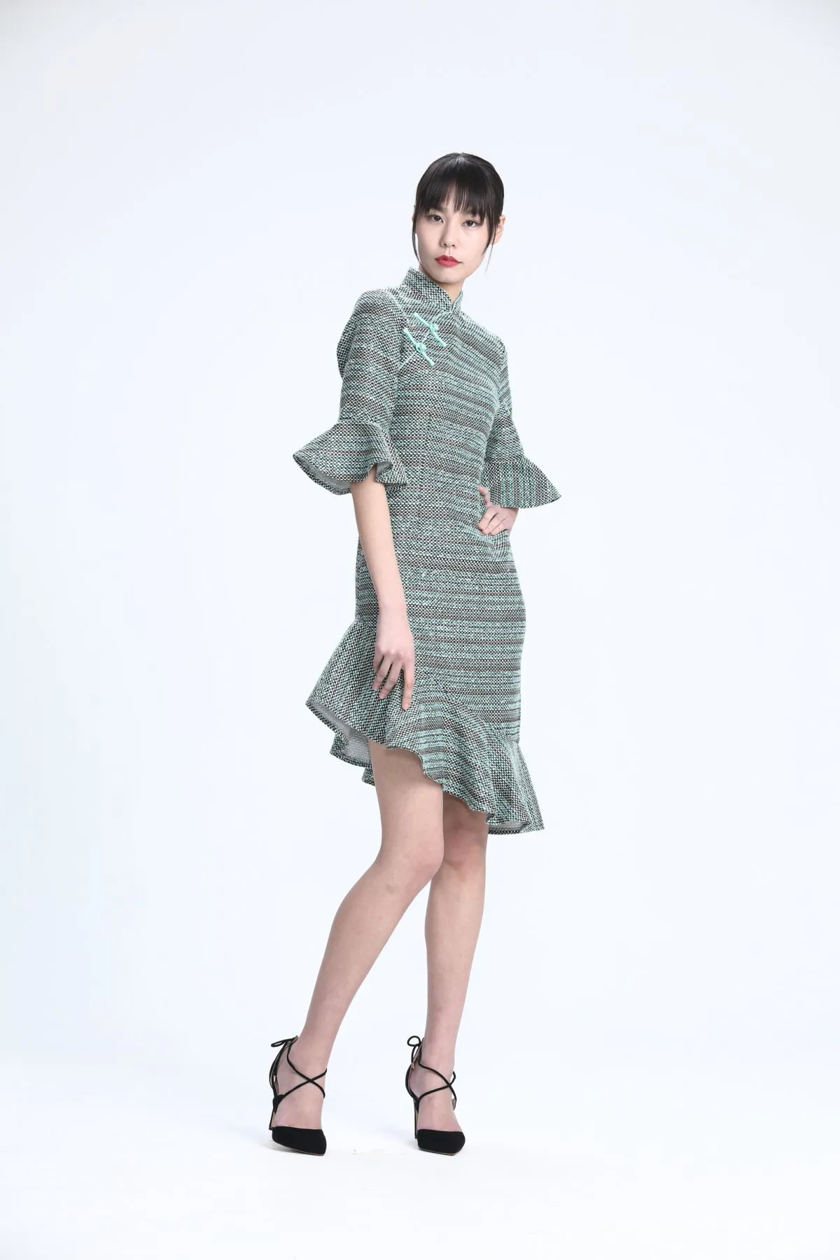 Aqua Fancy Tweed Quarter Sleeves Qipao with Asymmetric Mermaid Hem