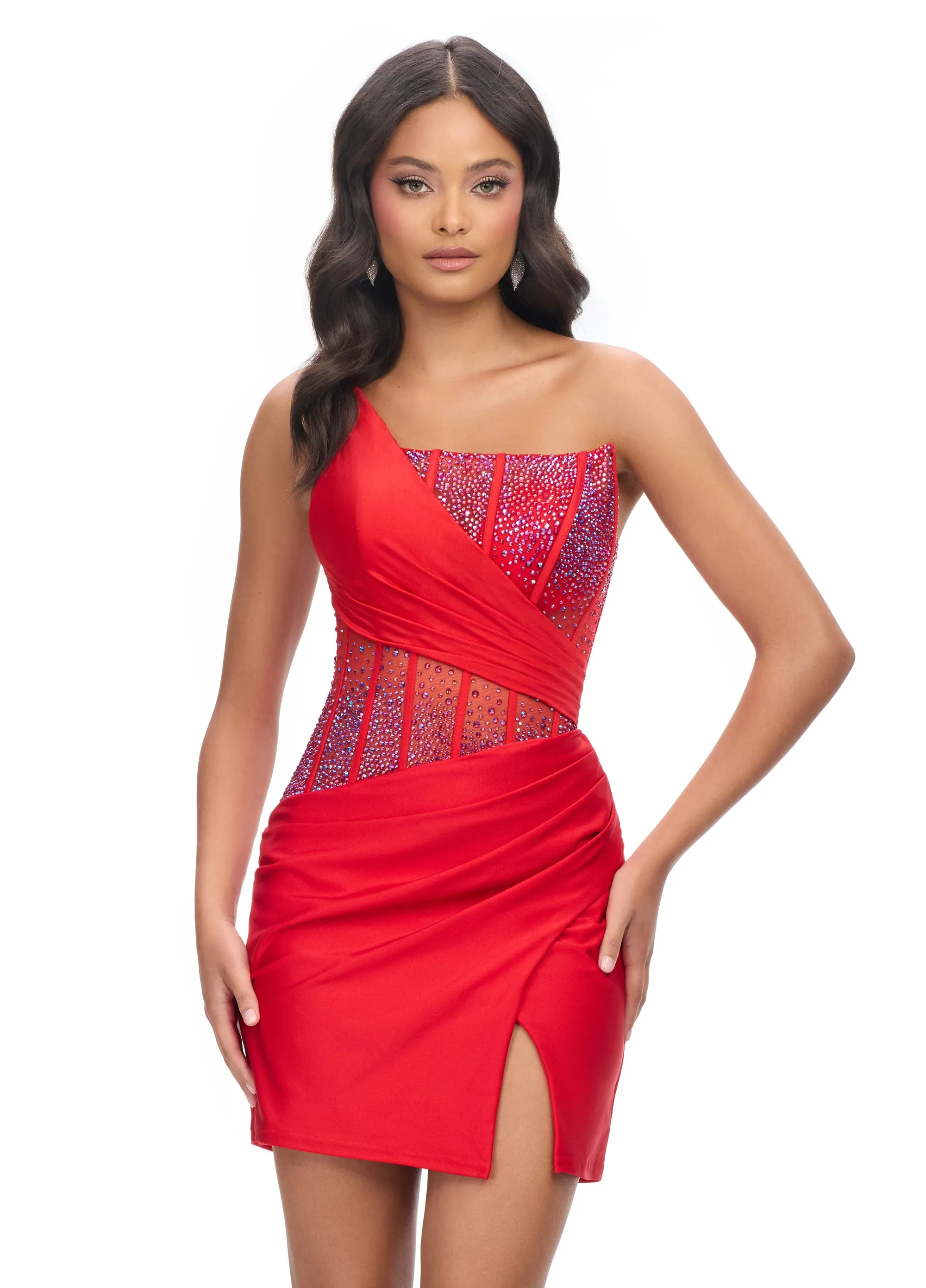 Ashley Lauren 4691 One Shoulder Jersey Cocktail Dress with Beaded Bustier