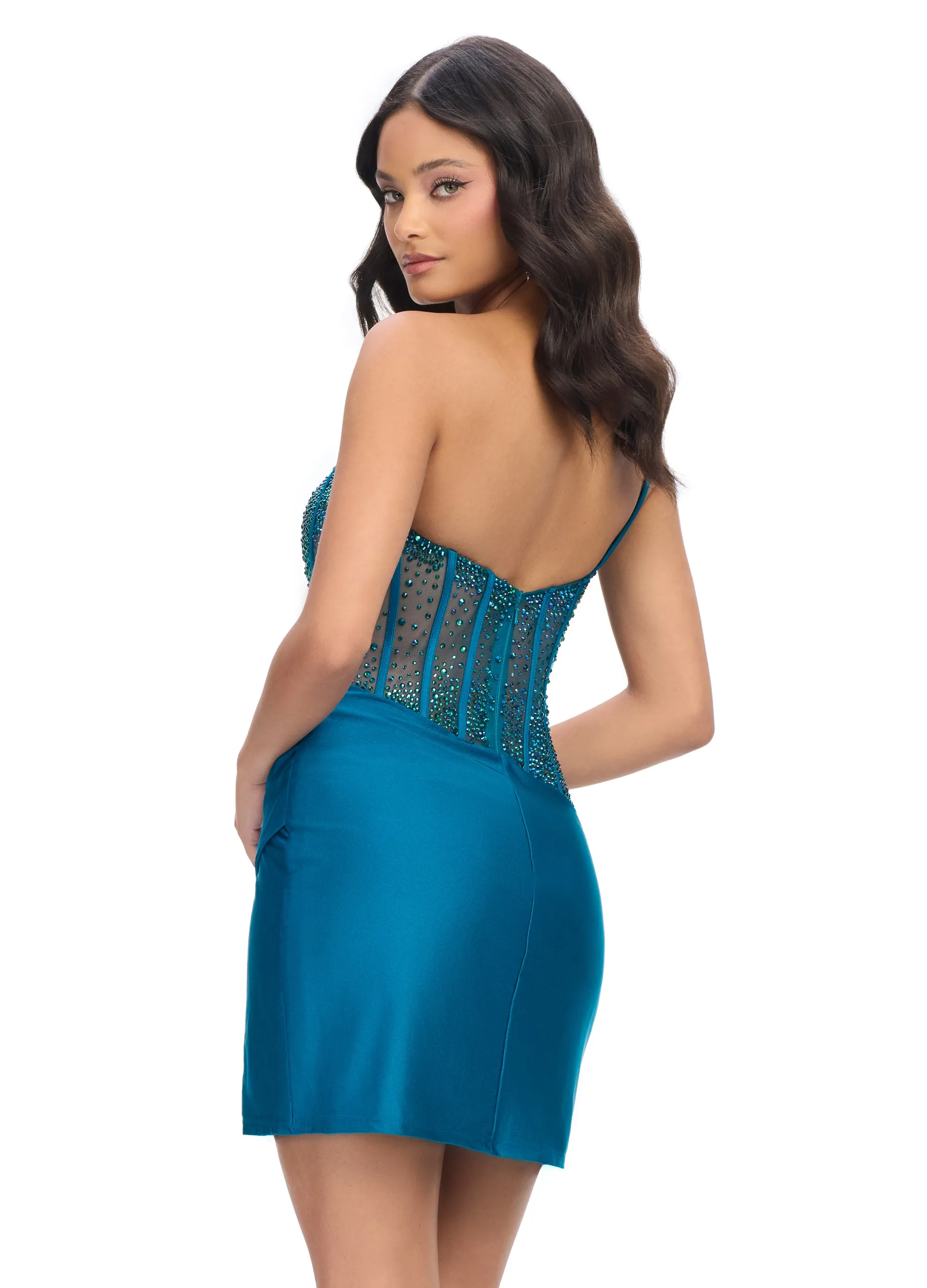Ashley Lauren 4691 One Shoulder Jersey Cocktail Dress with Beaded Bustier