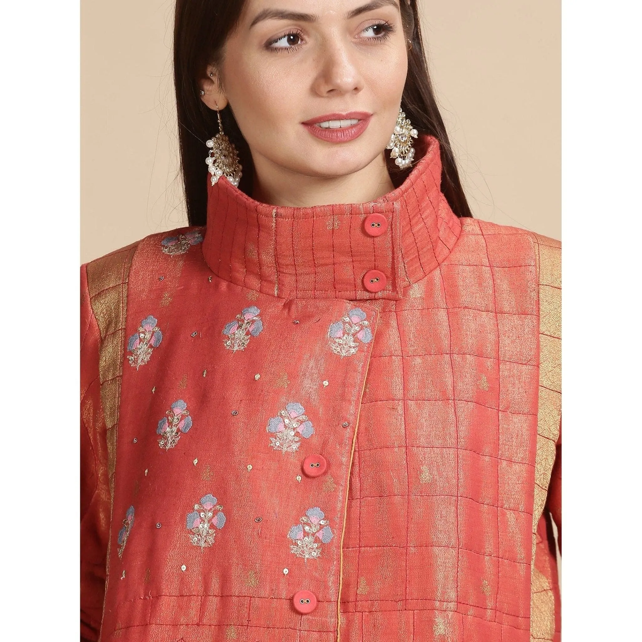 Banarsi Zari Quilted Jacket - Red