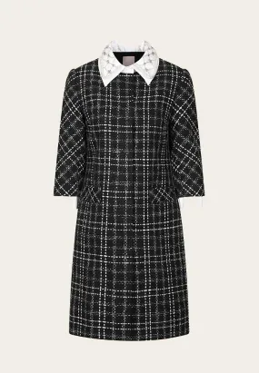 Beaded White Lapel Black Tweed Dress