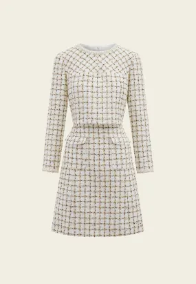 Beige Checked Fake Two Piece Tweed Dress