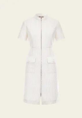 Beige White Stand Collar Zip-Up Tweed Dress