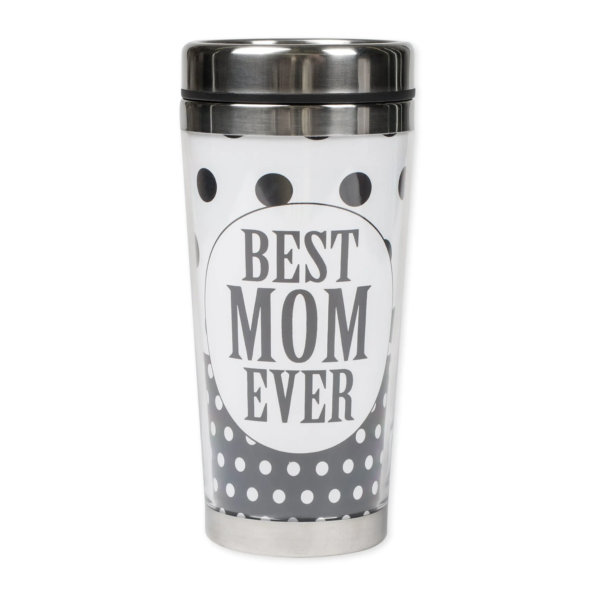 Best Mom Ever Black White Polka Dot 16 Ounce Stainless Steel Travel Tumbler Mug