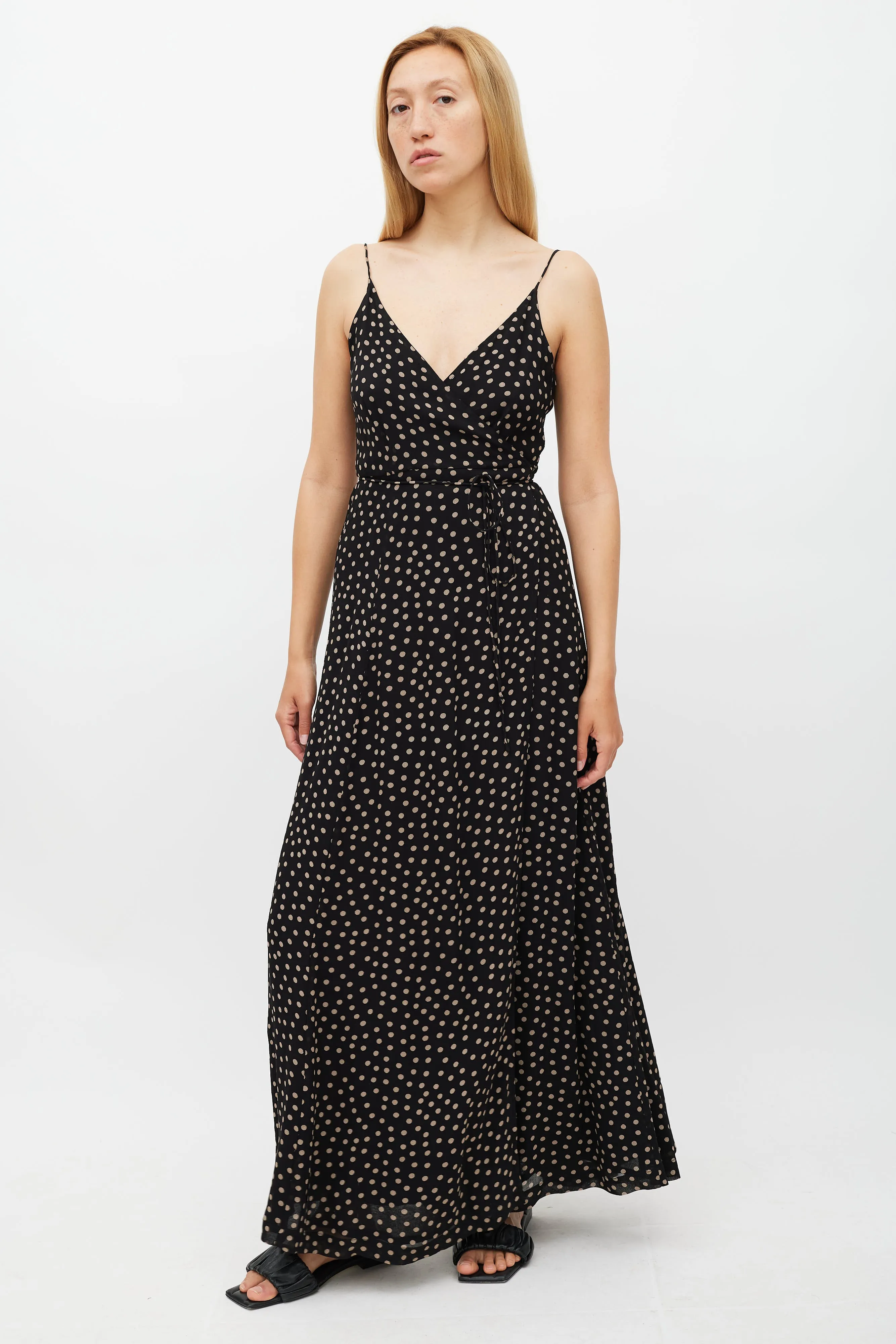 Black & Beige Polkadot Wrap Dress