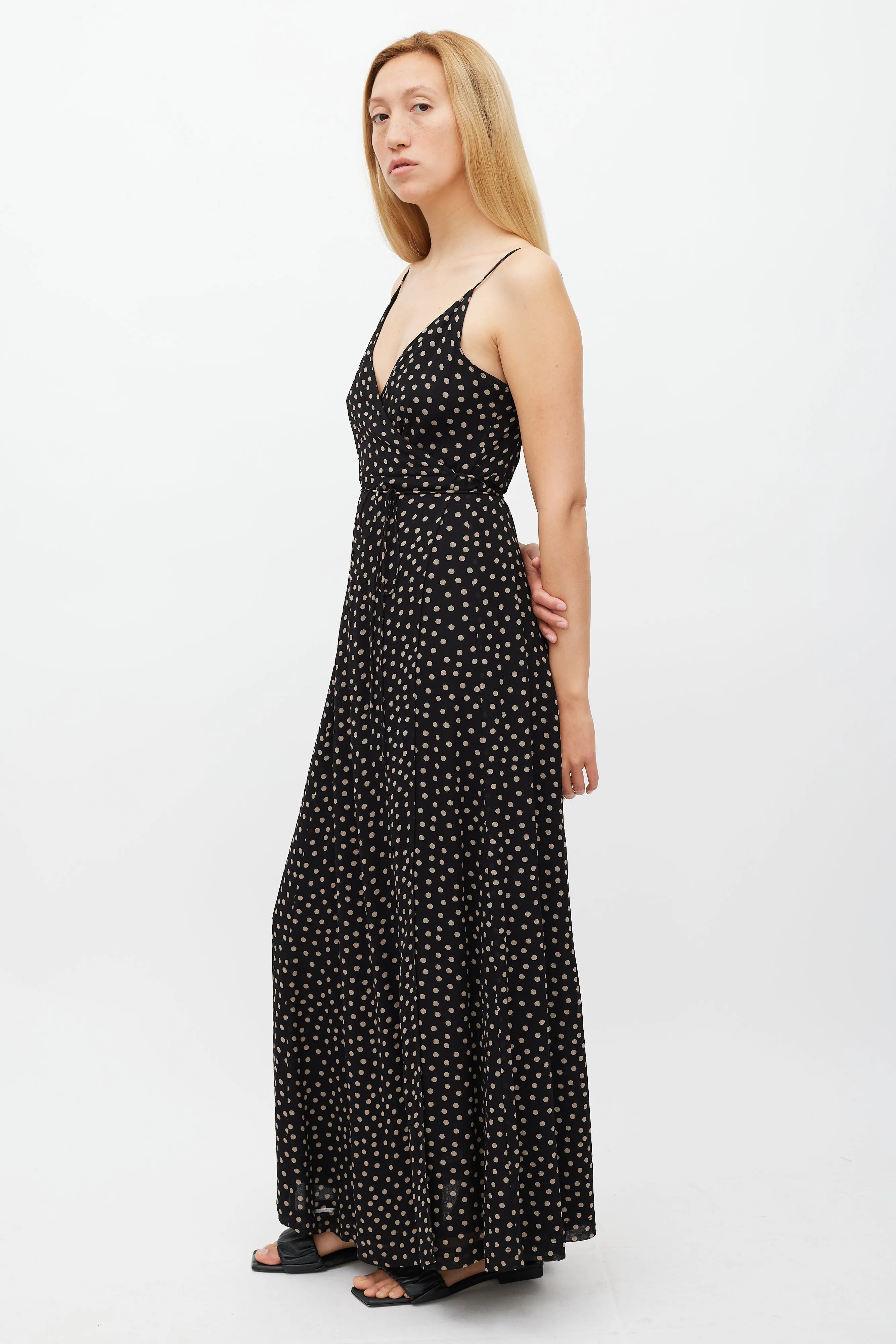 Black & Beige Polkadot Wrap Dress