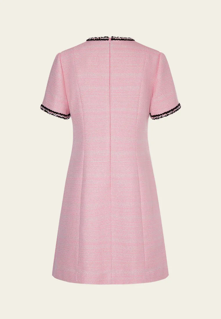 Black Trimmed Pink Tweed Pleated Dress