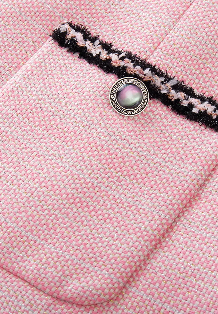 Black Trimmed Pink Tweed Pleated Dress