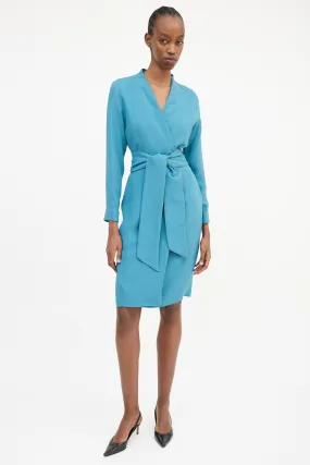 Blue Wrap Front Belted Dress