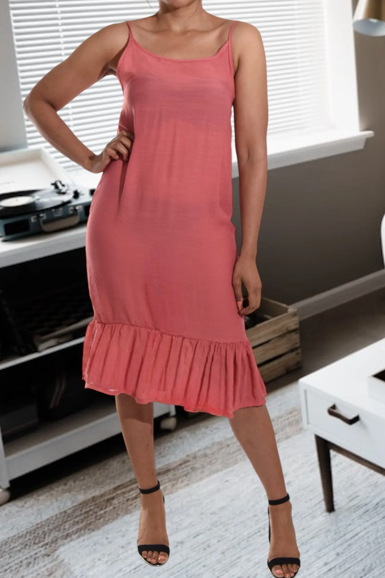 Blush Strappy Ruffle Hem Dress