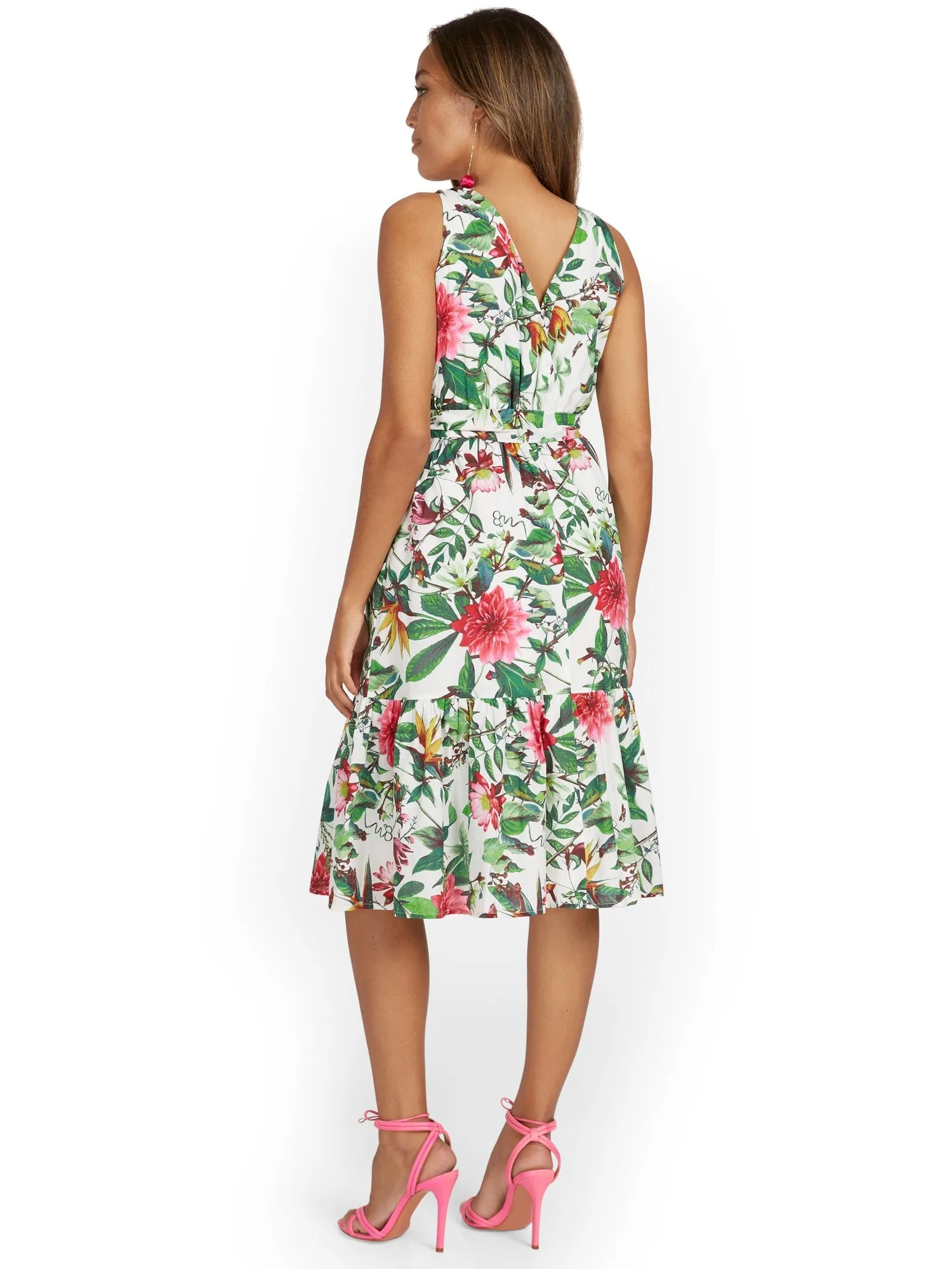 Botanical-Print Tier V-Neck Dress