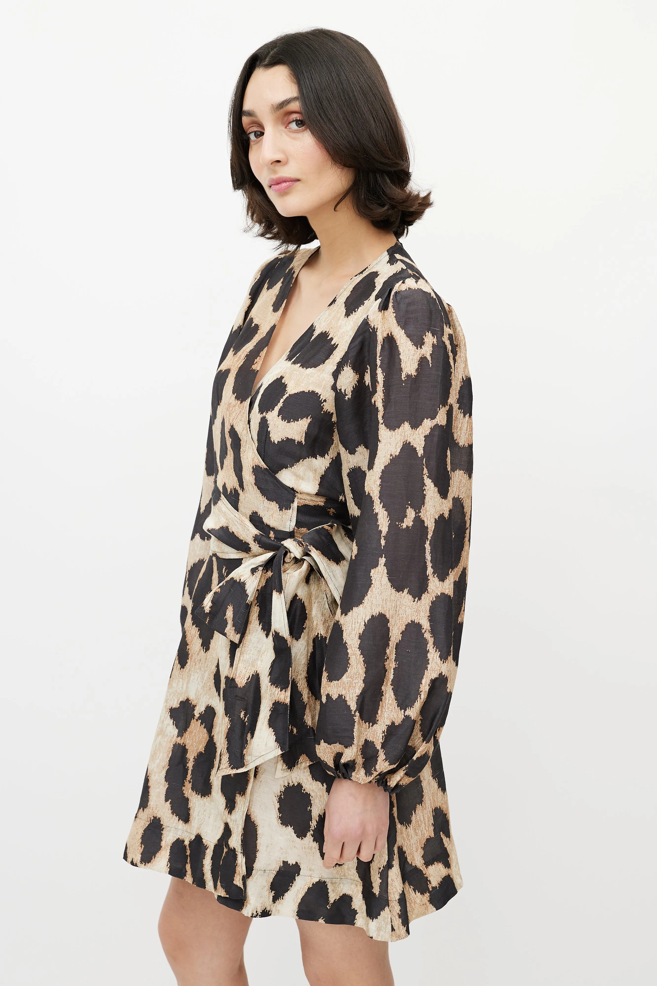 Brown & Black Printed Wrap Dress