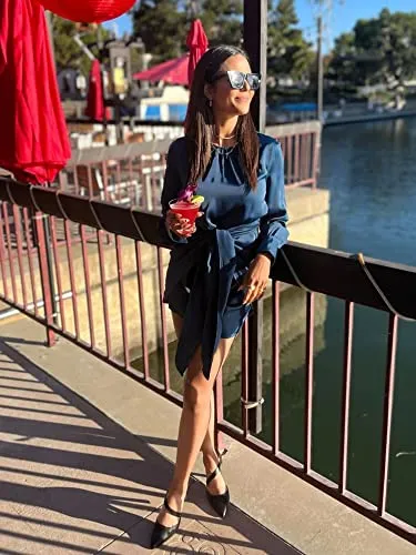 BTFBM Women Casual Long Sleeve Ruched Wrap Dress Crew Neck Tie Waist Short Dress Solid Color Mini Dress Satin Cocktail Dress(Solid Dark Blue,Medium)