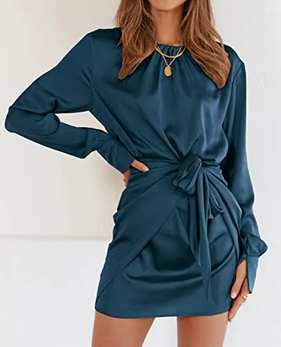 BTFBM Women Casual Long Sleeve Ruched Wrap Dress Crew Neck Tie Waist Short Dress Solid Color Mini Dress Satin Cocktail Dress(Solid Dark Blue,Medium)