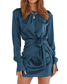 BTFBM Women Casual Long Sleeve Ruched Wrap Dress Crew Neck Tie Waist Short Dress Solid Color Mini Dress Satin Cocktail Dress(Solid Dark Blue,Medium)