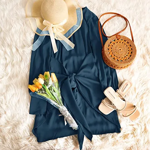 BTFBM Women Casual Long Sleeve Ruched Wrap Dress Crew Neck Tie Waist Short Dress Solid Color Mini Dress Satin Cocktail Dress(Solid Dark Blue,Medium)