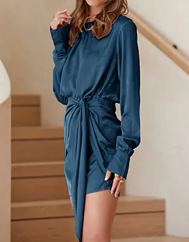 BTFBM Women Casual Long Sleeve Ruched Wrap Dress Crew Neck Tie Waist Short Dress Solid Color Mini Dress Satin Cocktail Dress(Solid Dark Blue,Medium)