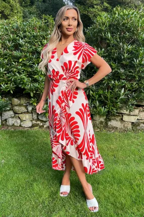 Burnt Orange Abstract Print Wrap Over High Low Frill Hem Midi Dress