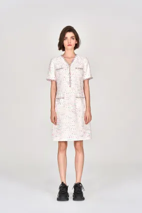 Candy White V-neck Tweed Dress