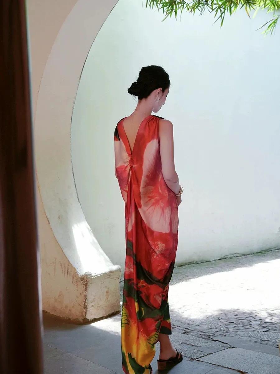 CharmYo Phoenix Satin Cocoon Abstract Print Dress