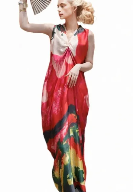 CharmYo Phoenix Satin Cocoon Abstract Print Dress
