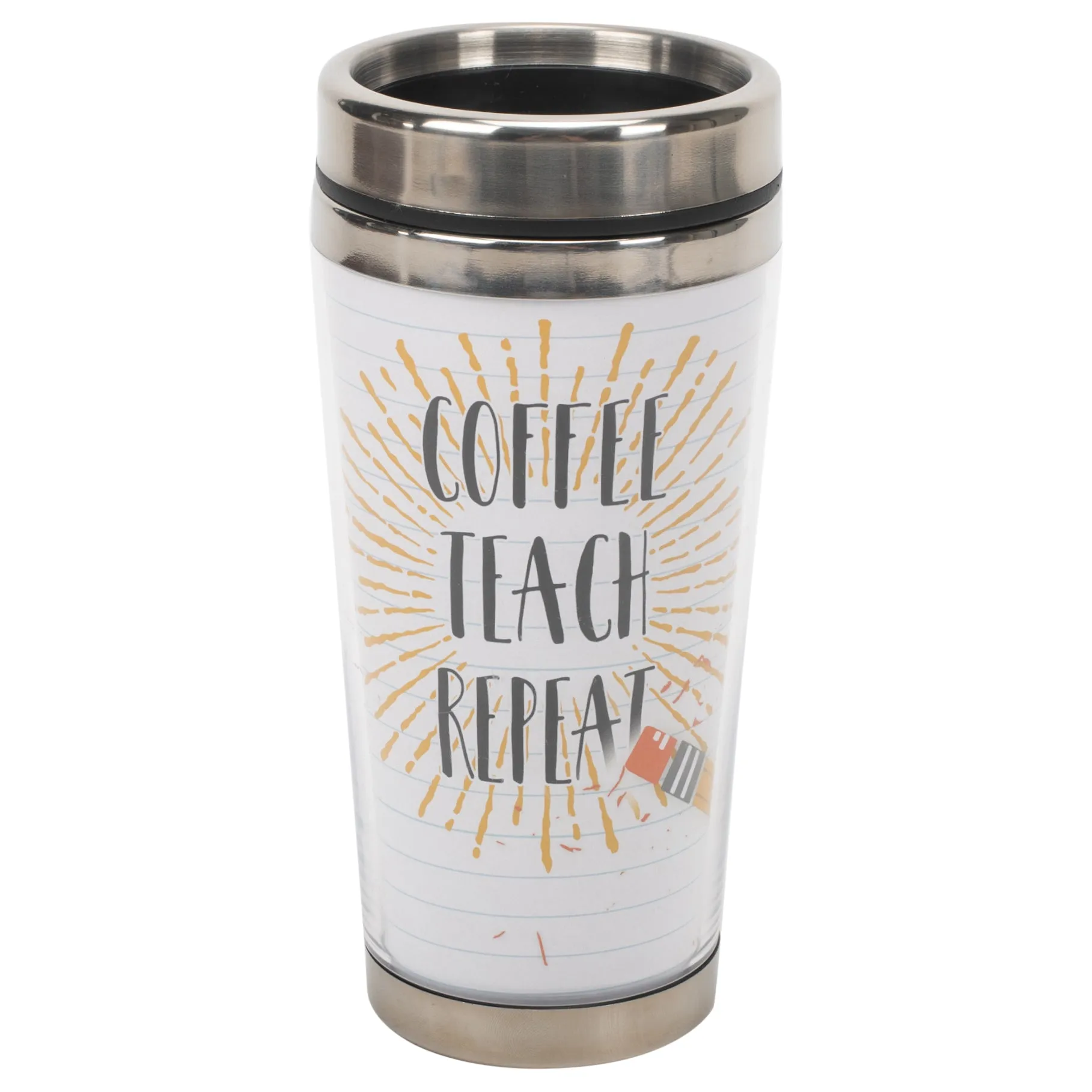 Coffee Teach Repeat Yellow Starburst 16 ounce Stainless Steel Travel Tumbler Mug with Lid