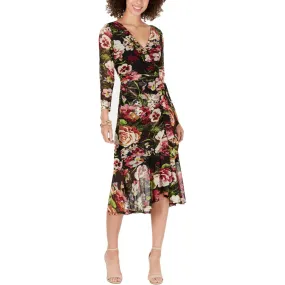 Connected Apparel Womens Petites Floral Print Mesh Wrap Dress