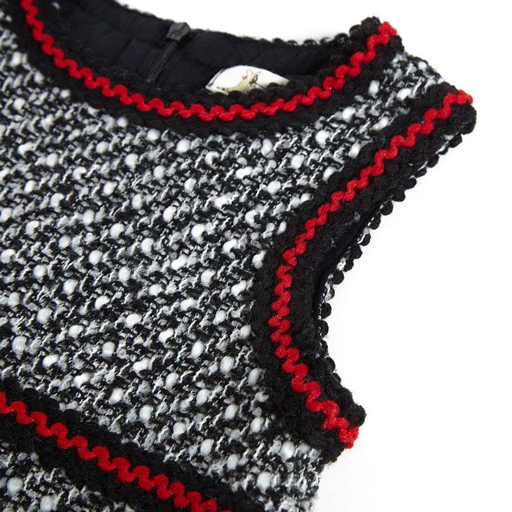 Contrast Trim Tweed Dress -  Black/White