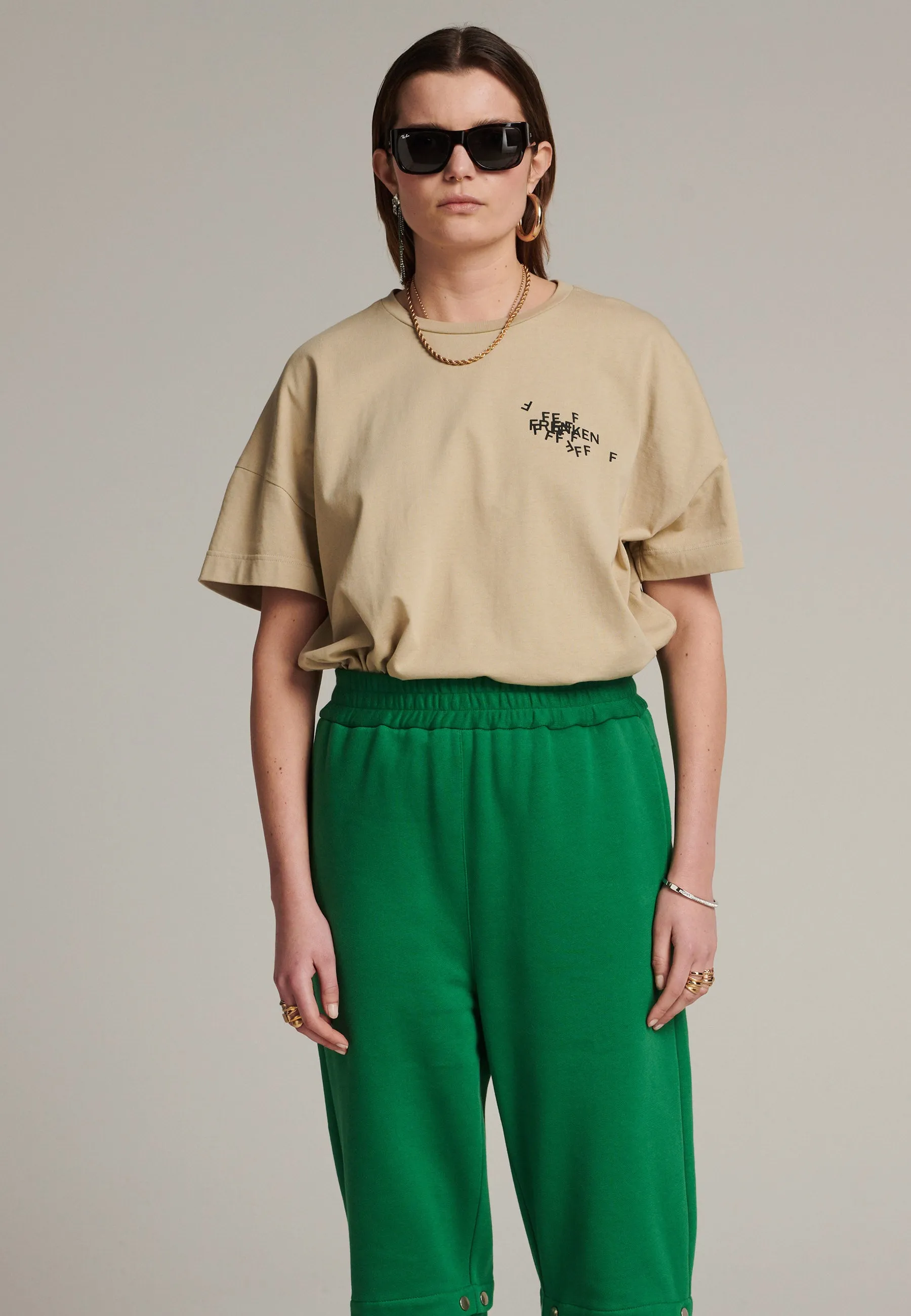 Cut loose fitted  jersey T-Shirt with cracked stamped logo beige