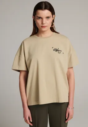 Cut loose fitted  jersey T-Shirt with cracked stamped logo beige