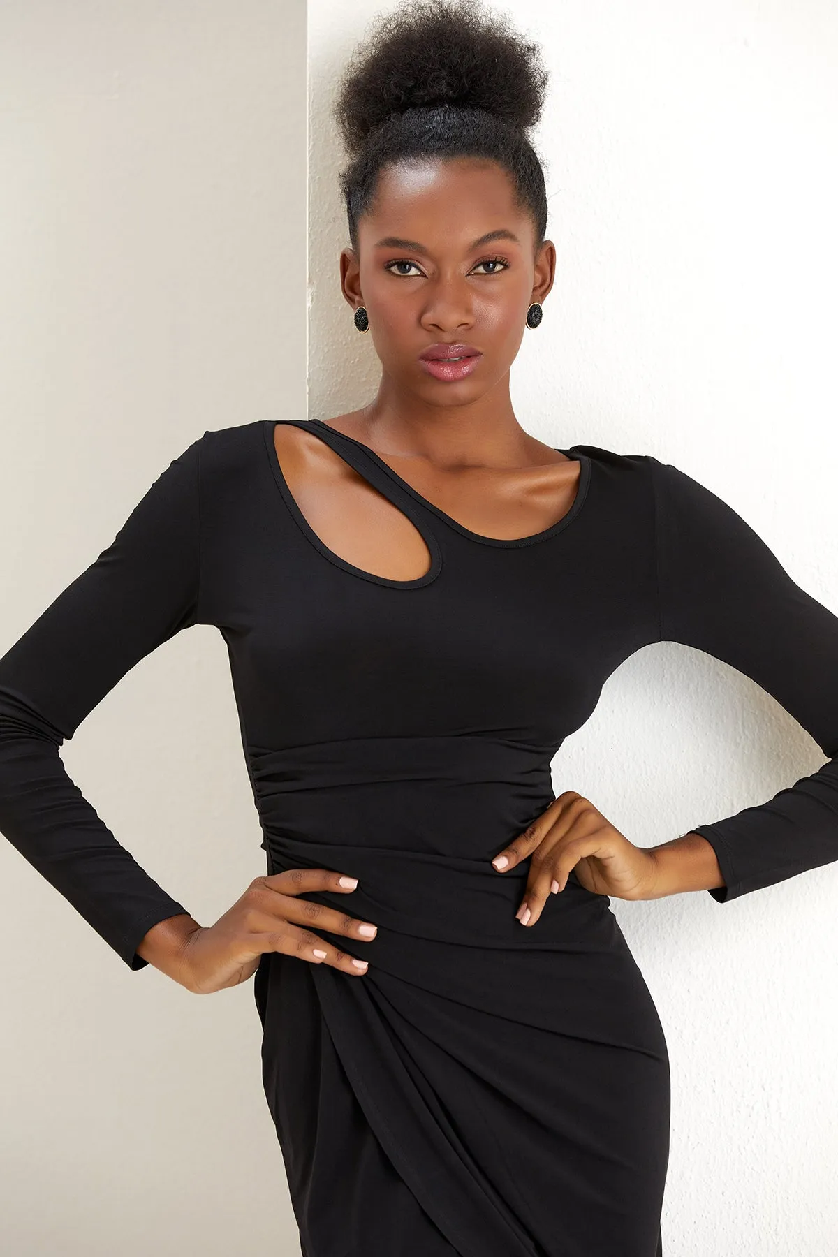 Cut Off Neckline Wrap Style Midi dress in Black