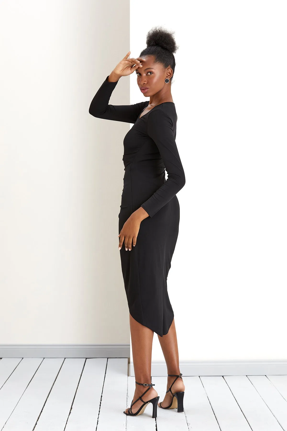 Cut Off Neckline Wrap Style Midi dress in Black