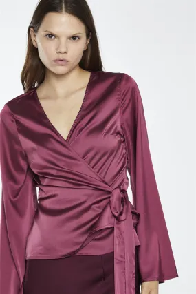 Dark-Raspberry Satin Fluted-Sleeve Wrap-Top