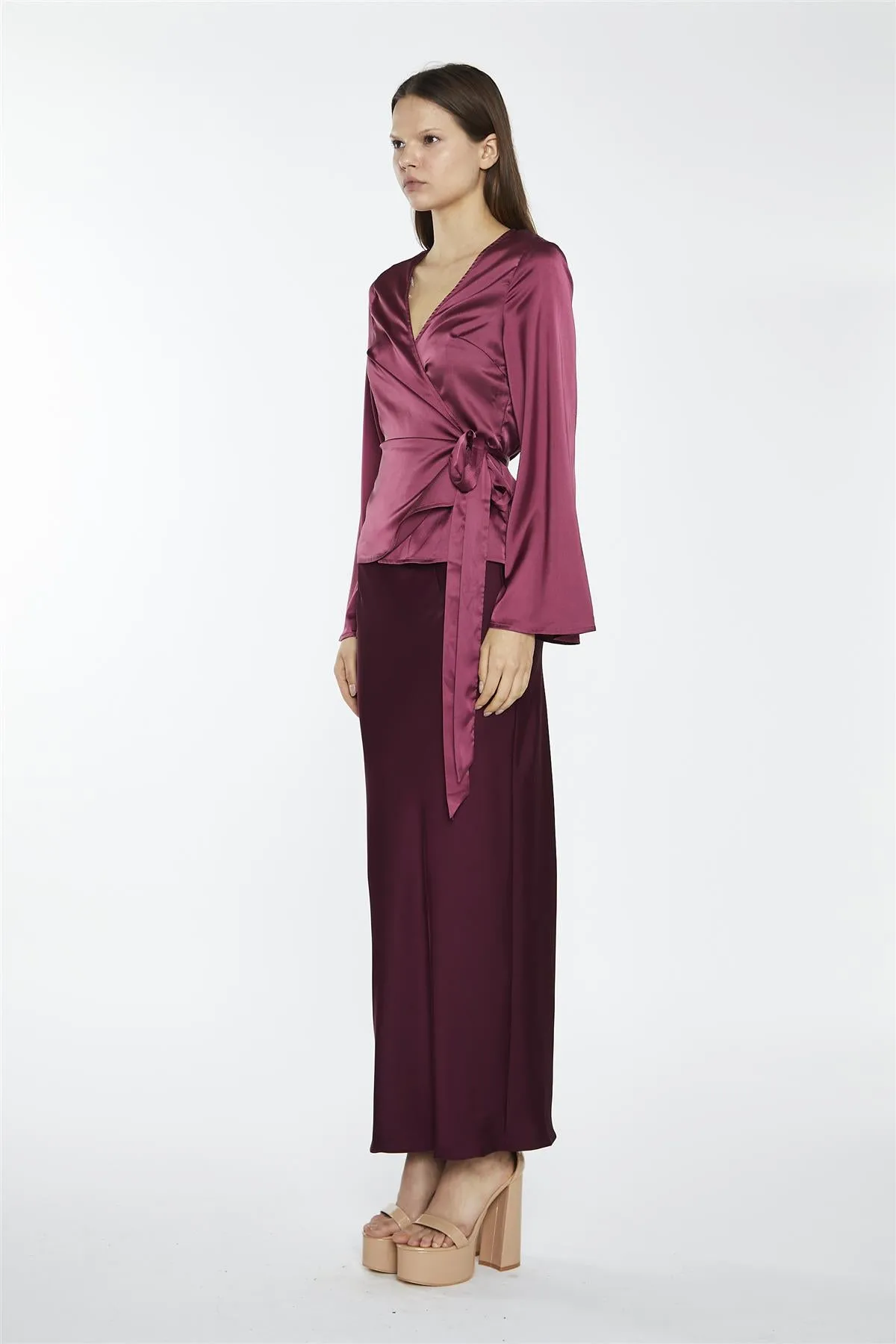 Dark-Raspberry Satin Fluted-Sleeve Wrap-Top