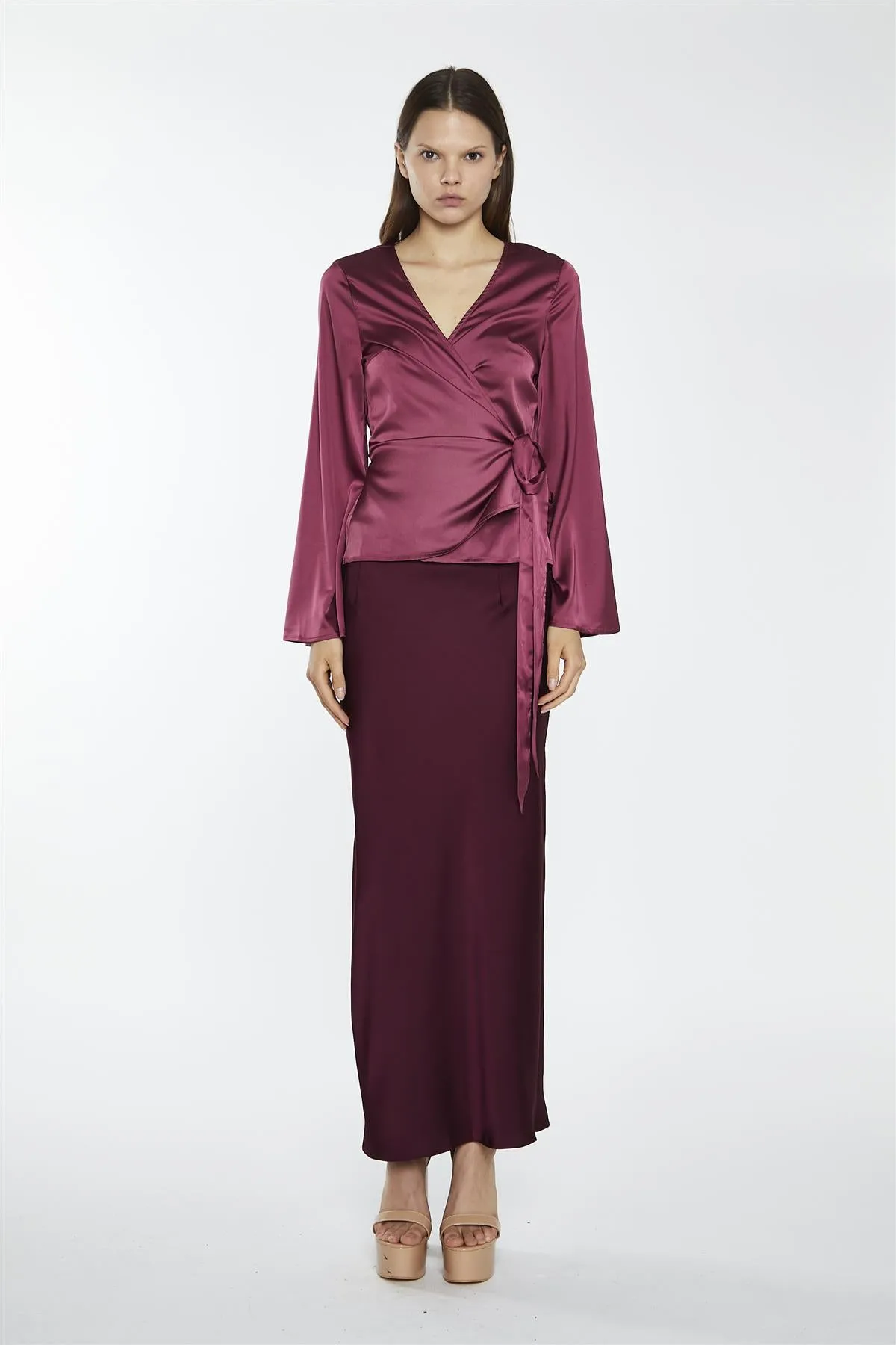 Dark-Raspberry Satin Fluted-Sleeve Wrap-Top