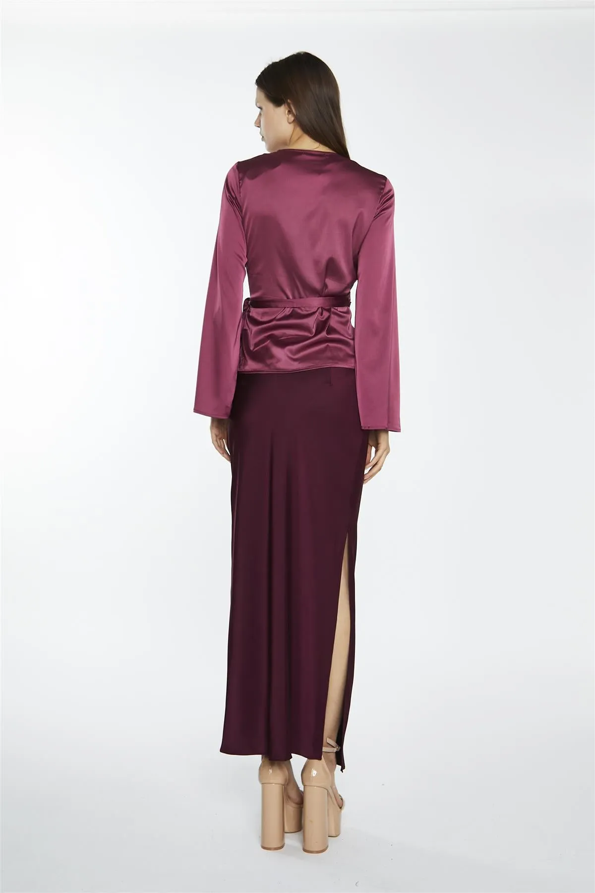 Dark-Raspberry Satin Fluted-Sleeve Wrap-Top