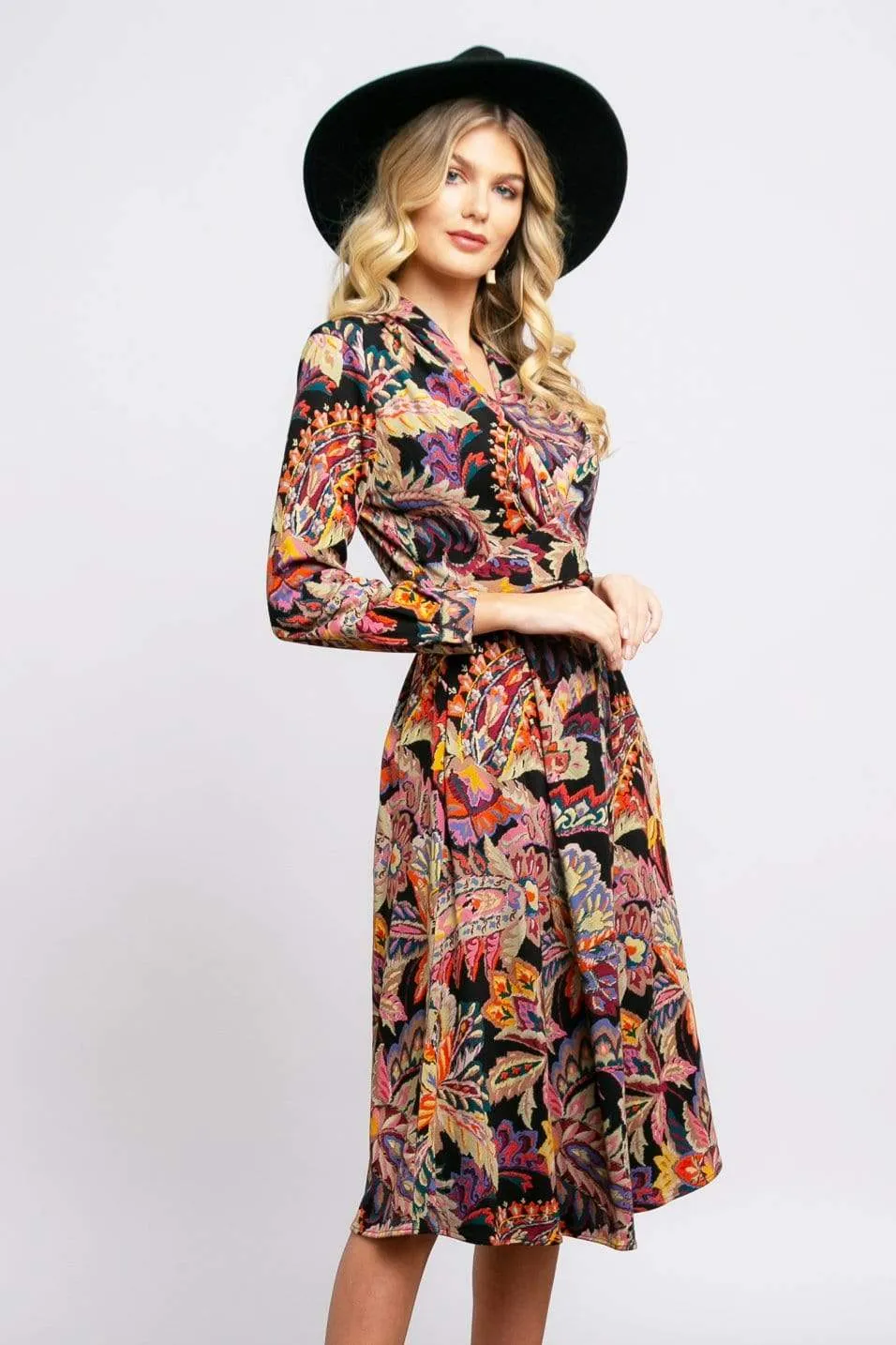 Dena Front Wrap Dress in Damascus Printed Ponte